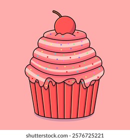 An illustration of a vibrant pink cupcake with swirled frosting topped with a red cherry. Sprinkles add a playful touch, set against a solid pastel pink background.