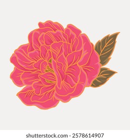 Illustration of a vibrant pink peony with detailed petals and green leaves. The pink peony stands out with its intricate design and lush pink color. Vintage flower illustration isolated, vector.