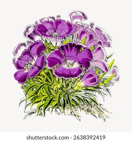 Illustration of vibrant purple flowers with green leaves. Purple petals stand out. Detailed floral design. Purple flowers and green leaves create a vivid scene. Vintage flower illustration vector.