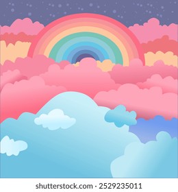 Ilustración de un arco iris vibrante que se extiende a través de un cielo lleno de nubes suaves, esponjosas de color rosa y azul, creando una atmósfera caprichosa y onírica.