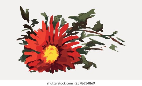 Illustration of a vibrant red flower with green leaves. The flower's bold red petals and bright yellow center create a striking contrast with the green leaves. Vintage flower illustration, vector.