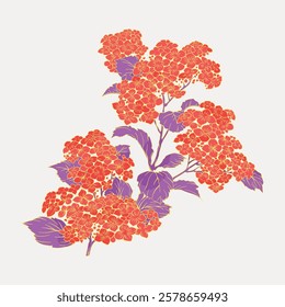 Illustration of vibrant red flowers with purple leaves on a light background. Red flowers stand out, surrounded by purple leaves. Artistic floral design. Vintage flower illustration isolated, vector.