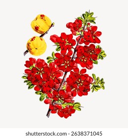 Illustration of vibrant red flowers and yellow fruits with green leaves. Detailed floral and fruit design. Bright red flowers and yellow fruits stand out. Vintage flower illustration vector.