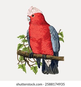 Illustration of a vibrant red and gray parrot perched on a branch with green leaves. The parrot's striking colors stand out against a light background. Vintage bird illustration vector.