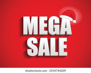 An illustration of vibrant red holiday-themed banner featuring bold white text "MEGA SALE" with a festive Santa hat, ideal for promoting Christmas or holiday sales and discounts.