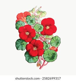 Illustration of vibrant red nasturtium flowers with lush green leaves. Nasturtium flowers and leaves create a vivid, botanical design. Red nasturtium blossoms. Vintage red flower vector.