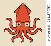 Illustration of a vibrant red squid with captivating eyes and swirling tentacles, embodying the mysterious allure of marine wildlife in a captivating cartoon vector illustration