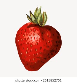 Illustration of a vibrant red strawberry with green leaves. The strawberry's texture and color are detailed, showcasing a fresh and ripe appearance. Vintage fruit illustration vector.