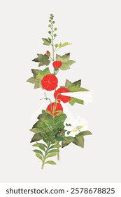 Illustration of vibrant red and white flowers with lush green leaves. Botanical art with red flowers, white flowers, and green leaves. Floral design. Vintage flower illustration isolated, vector.