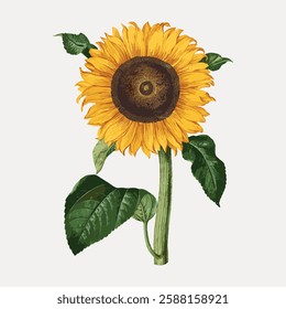 Illustration of a vibrant sunflower with large yellow petals and a brown center. Sunflower with green leaves. Sunflower on a light background. Sunflower art. Vintage botanical illustration vector.