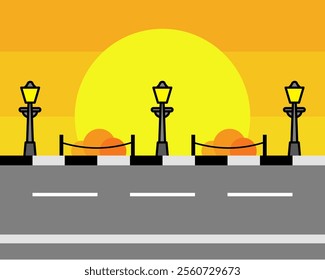 Illustration of vibrant sunset backdrop with yellow hues, featuring street lamps and a road, creating a warm evening vibe