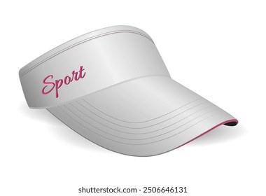 An illustration of vibrant white sports visor cap designed with a sleek, curved brim and a stylish embroidered "Sport" text on the front. for outdoor activities, this visor offers both sun protection
