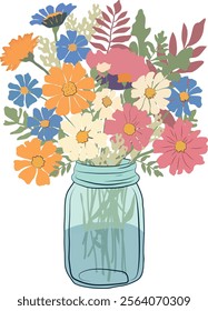 An illustration of a vibrant wildflower bouquet in a transparent glass jar filled with water. The bouquet features flowers in shades of orange, blue, pink, cream, and green leaves, creating a lively a