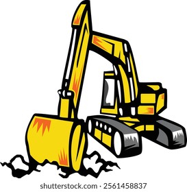 Illustration of a vibrant yellow excavator, highlighting its powerful build and construction prowess. Perfect for those interested in heavy machinery and construction art