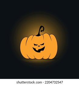 Illustration of a vicious orange pumpkin with two rectangular black teeth with a yellow shadow on a dark gray background. Halloween Jack O’Lantern.