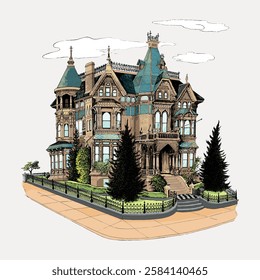 Illustration of a Victorian house with intricate details. Victorian architecture with turrets and ornate design. Classic Victorian style with a vintage feel. Vintage art illustration, vector.