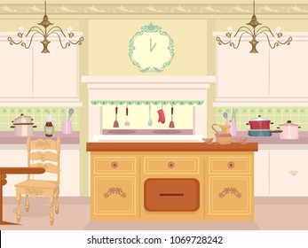 Illustration of a Victorian Theme Kitchen with Chandeliers, Cooking Utensils, Pots, Chair and Table