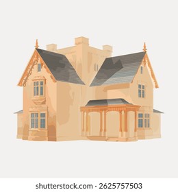 Illustration of a Victorian-style house with ornate details. The house features a steep roof, decorative trim, and a porch. Victorian house with classic design. Vintage art illustration vector.