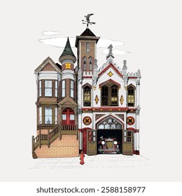 Illustration of a Victorian-style house with a tower and intricate details. Victorian architecture with a tower, ornate details, and classic design elements. Vintage art illustration, vector.