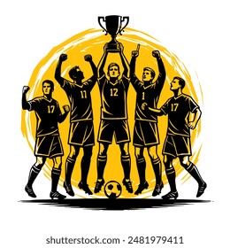 Illustration of a victorious soccer team celebrating with a championship trophy, highlighting teamwork and achievement.