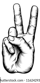 Illustration of a victory V salute or peace hand sign in a retro woodblock style