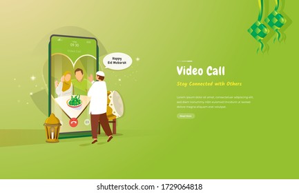 Illustration of video call concept for Islamic Eid Al-Fitr greeting card