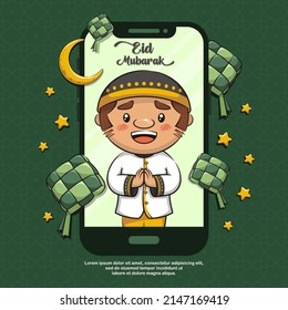 Illustration Of Video Call Concept For Islamic Eid Al-Fitr Greeting Card, Eid Mubarak With Ketupat Food. Cute Cartoon Illustration