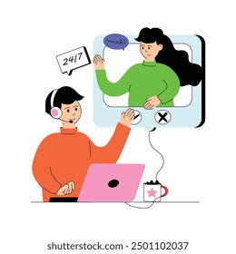 Illustration of a video call operator with headset, interacting in real-time communication.