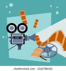 Illustration einer Videokamera mit Projektion eines Lichtstrahls. Vektorhintergrund mit einer Kamera auf einem Stativ und Kinofilm. Für Videoaufnahmen und Filme.
