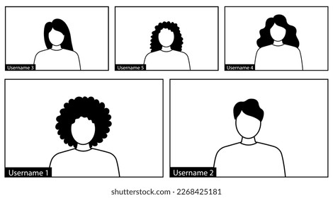 Illustration for video conferencing and meetings application. Five users