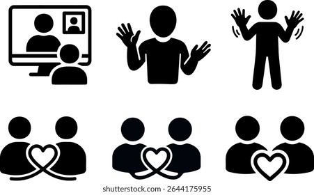 Illustration of video conferencing on monitors with a head listening and a person waving hands on transparent background