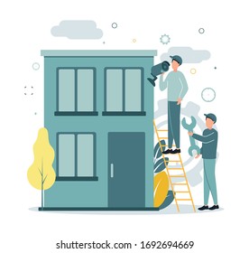 Illustration of a video surveillance installation. Mounting a camcorder. A man stands on the stairs sets up a video camera. Man holds a wrench. Two men install a video surveillance system on the house