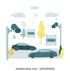 Illustration of video surveillance. Recognition of numbers. Video tracking. Camcorders capture cars on the road and recognize numbers