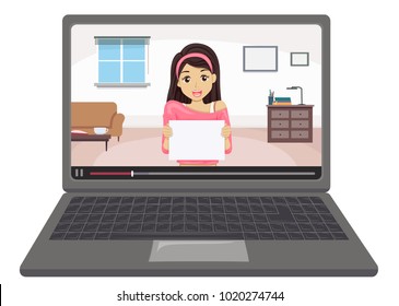 Illustration of a Video of a Teen Girl Holding a Blank Fansign Board in a Laptop