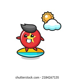 Illustration of vietnam flag badge cartoon do surfing on the beach , cute style design for t shirt, sticker, logo element