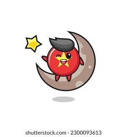 illustration of vietnam flag badge cartoon sitting on the half moon , cute style design for t shirt, sticker, logo element