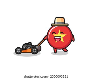 illustration of the vietnam flag badge character using lawn mower , cute style design for t shirt, sticker, logo element