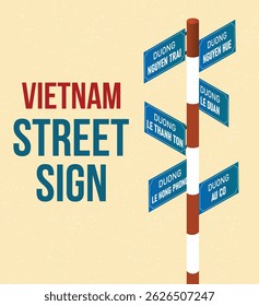 Illustration of a Vietnam street sign with multiple blue name plates on a red-and-white striped pole.Vintage textured background with bold 'Vietnam Street Sign' typography."