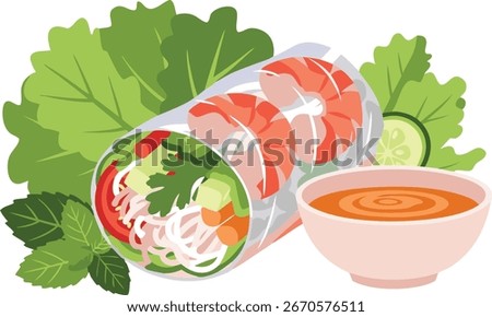 Illustration of Vietnamese Spring Roll with Shrimp, Vegetables, and Dipping Sauce