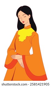 illustration of Vietnamese woman wearing orange ao dai