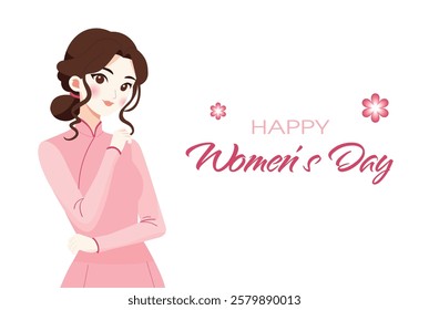 illustration of vietnamese woman wearing pink ao dai