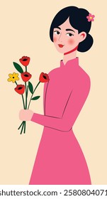 illustration of vietnamese woman wearing pink ao dai