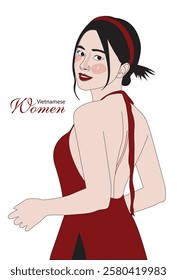 illustration of Vietnamese women wearing traditional red dress