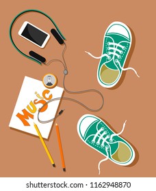 Illustration with a view from above of sneakers, phone, headphones and drawing with pencils and a drink in the style of flat