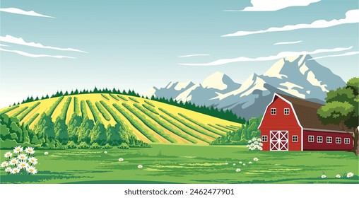 illustration of a view of an agricultural field with a beautiful farmhouse and mountains