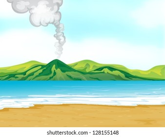 Illustration of the view of the beach near a volcano