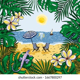 Illustration of the view of the beach with a beach umbrella and chairs
Palm leaves and exotic flowers. Lizard.Vector.