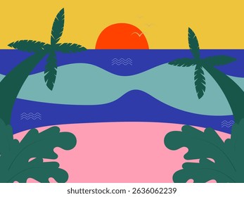 Illustration of a view behind palm trees on the beach at sunset in Matisse style