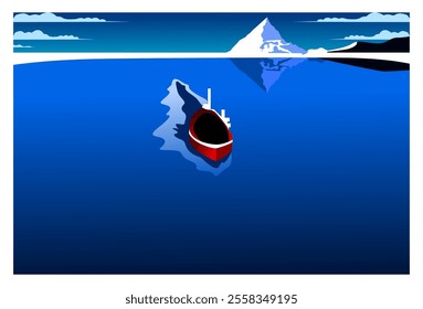 
illustration of a view of a boat in the middle of the vast sea with an iceberg behind it. suitable for backgrounds, wall decorations, screen decorations, covers, hanging labels.