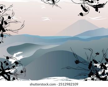Illustration of a view of the Bromo mountains, mountains above the clouds of Bromo Tengger